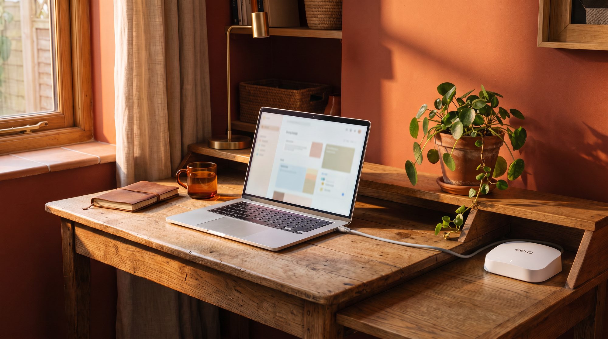 A home-office desk with a laptop, notebook and router, lit by the window